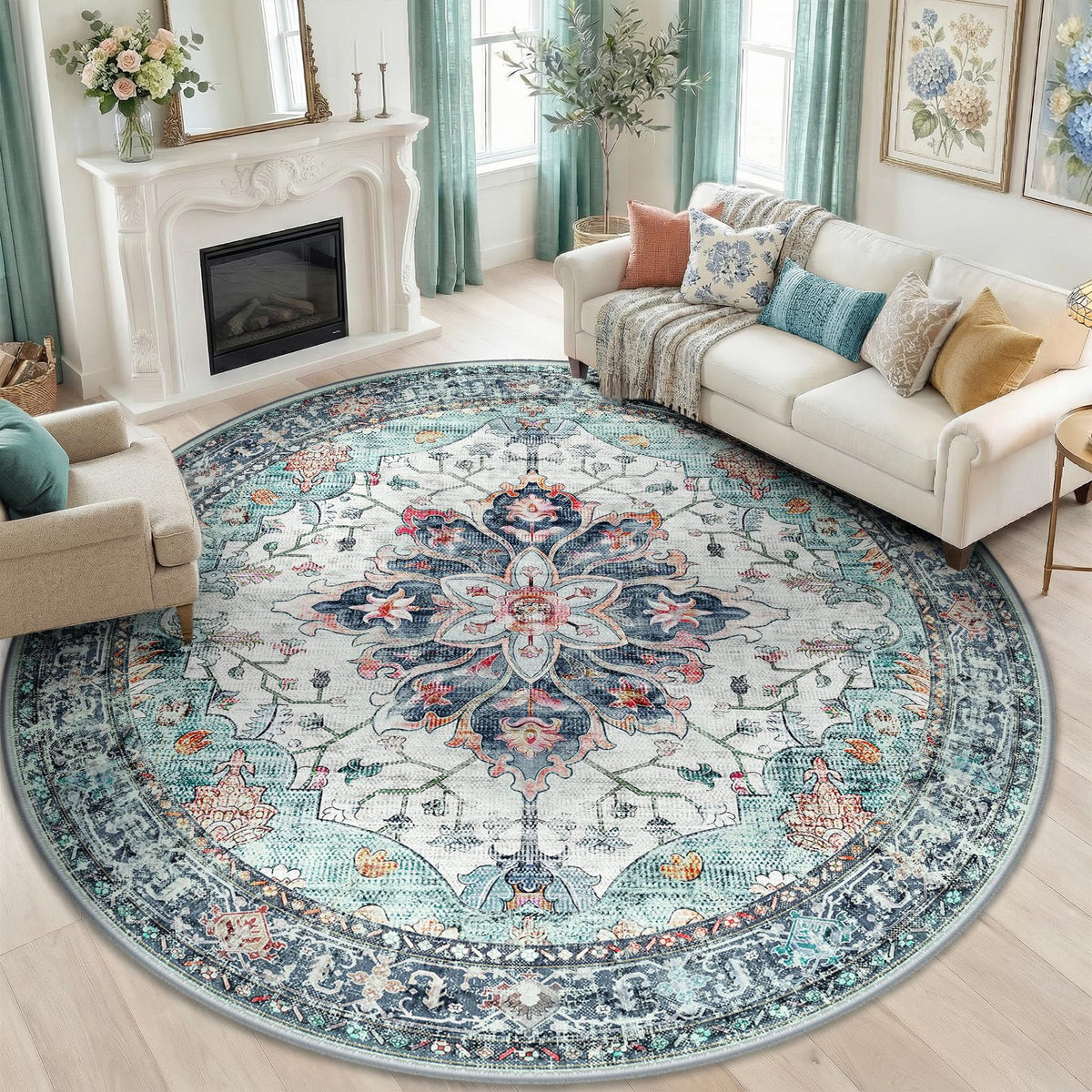 Washable Area Rug (Teal Green/White/Navy / 8' (Round))