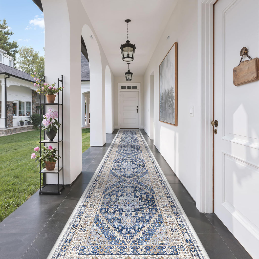 2'6 x 16' Runner Rug Non Slip (Blue/Beige / 2'6" x 16' (Runner))
