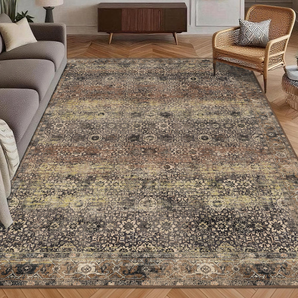 Washable Area Rug 5' x 7' Vintage Traditional Persian Mat (Umber and Slate / 5' x 7' (Rectangular))