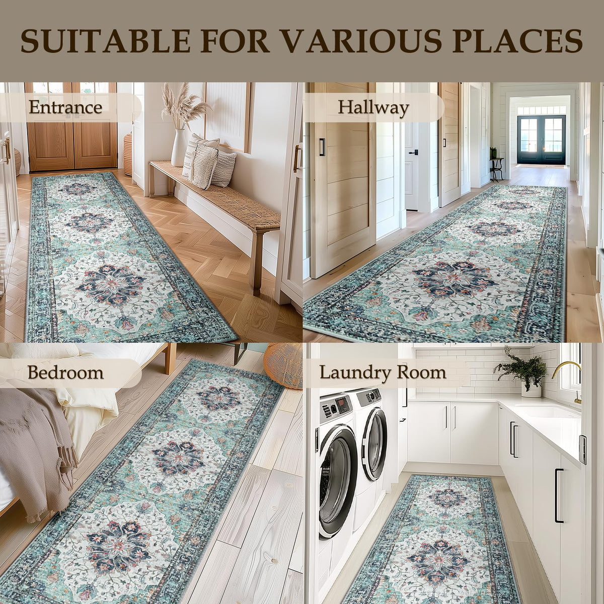 Washable Area Rug (Teal Green/White/Navy / 2' x 10' (Rectangular))