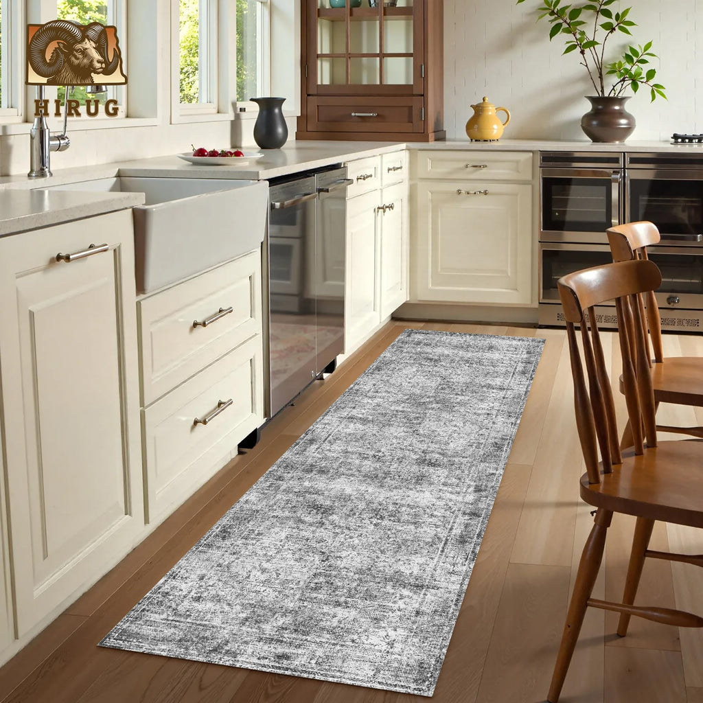 Washable Area Rug 2'6'' x 8' Vintage Traditional Persian Mat (Graphite and Mist / 2'6" x 8' (Rectangular))