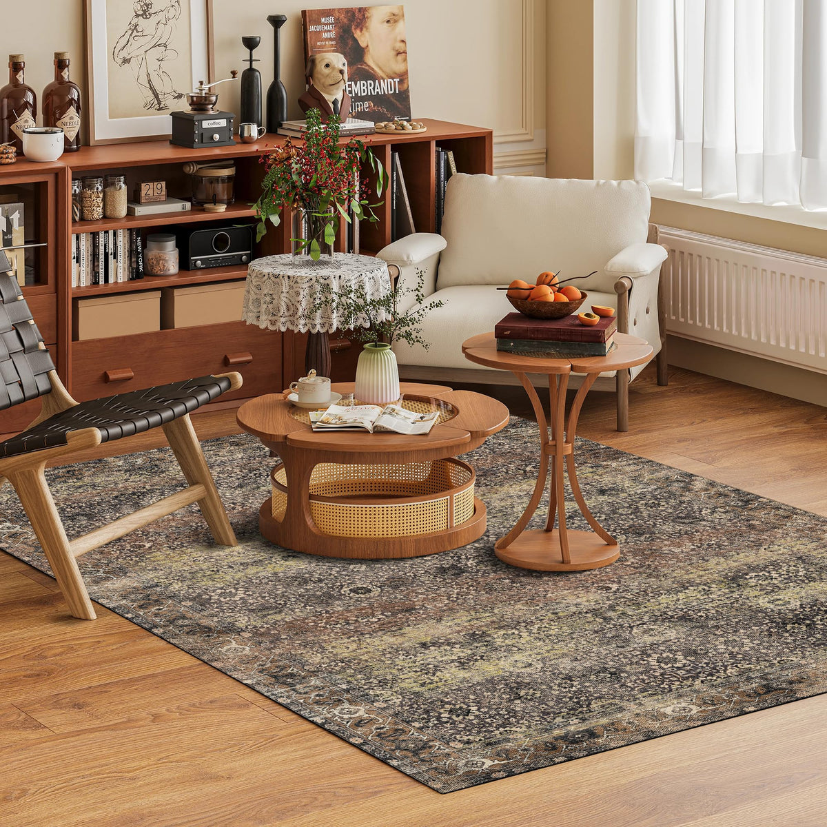 Washable Area Rug 5' x 7' Vintage Traditional Persian Mat (Umber and Slate / 5' x 7' (Rectangular))