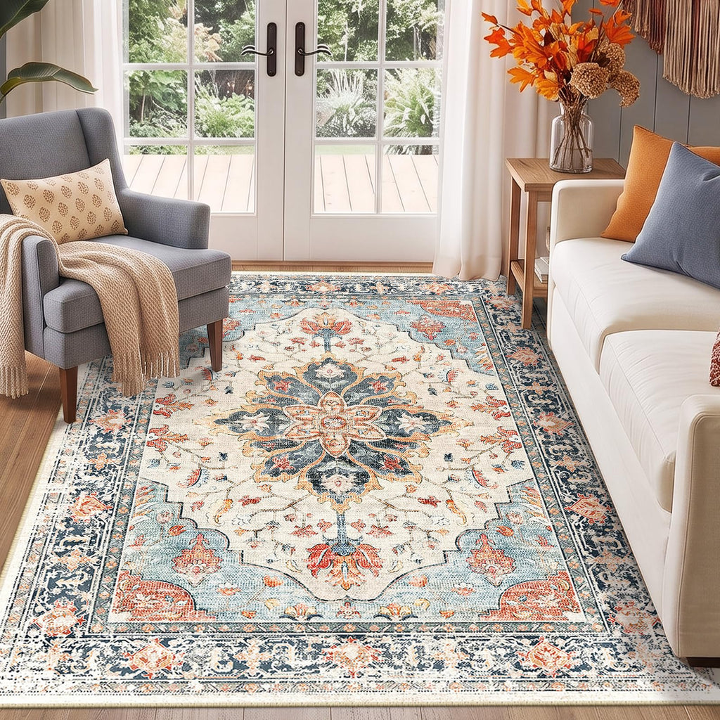 Washable Area Rug (Beige/Blue/Orange / 5' x 7' (Rectangular))