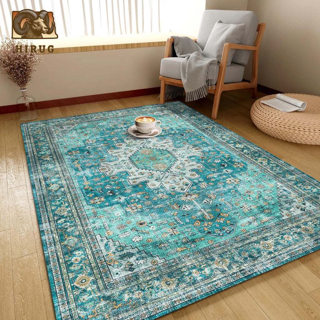 Washable Area Rug 4' x 6' Vintage Traditional Persian Mat (Teal and Gold / 4' x 6' (Rectangular))