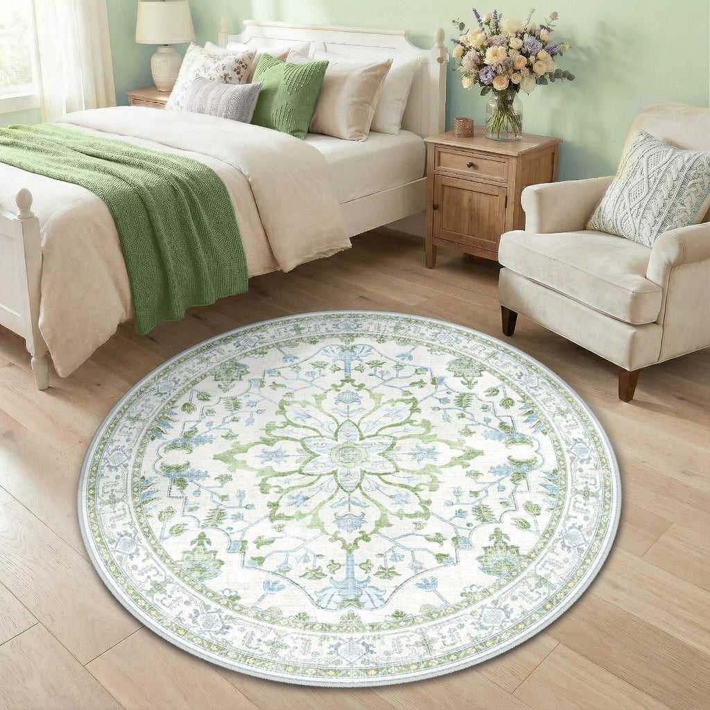 Washable Area Rug (Green/White/Blue / 4' (Round))