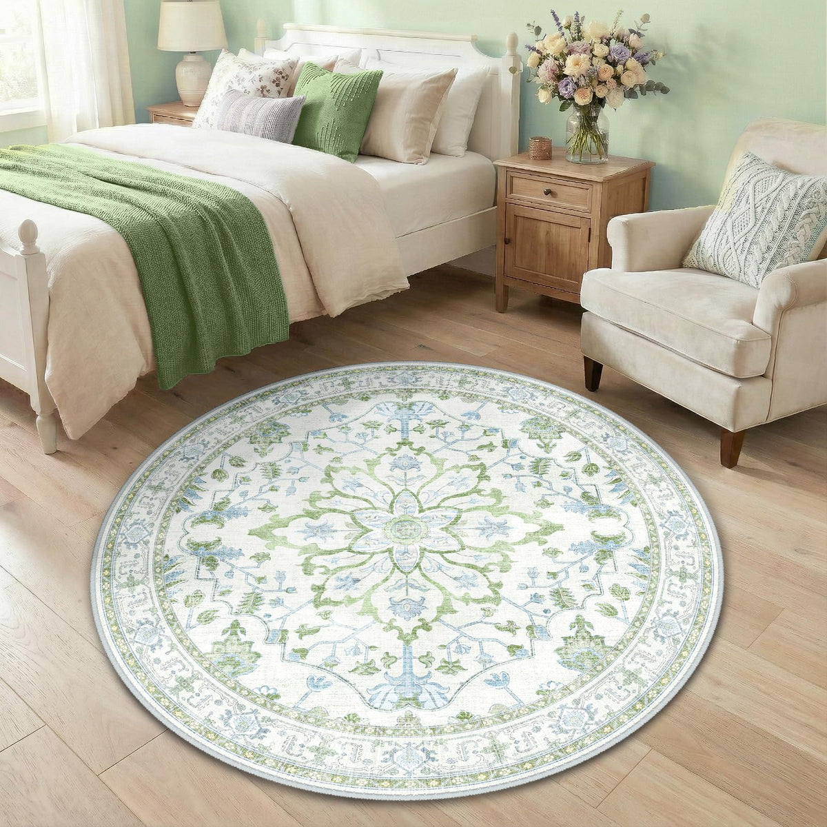 Washable Area Rug (Green/White/Blue / 4' (Round))