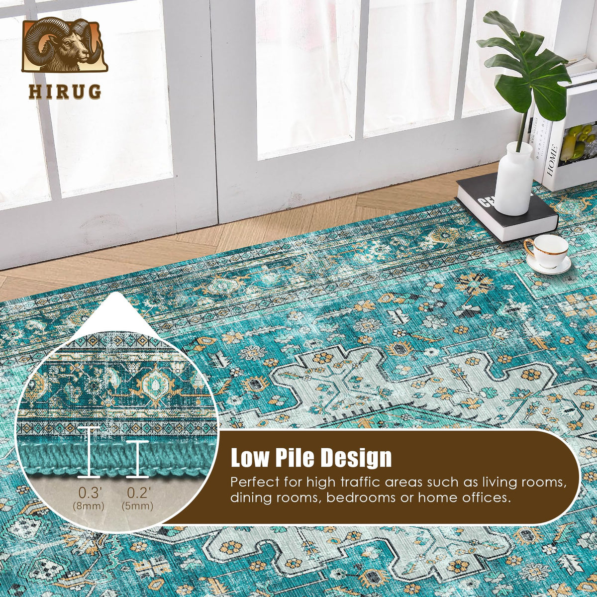 Washable Area Rug 4' x 6' Vintage Traditional Persian Mat (Teal and Gold / 4' x 6' (Rectangular))