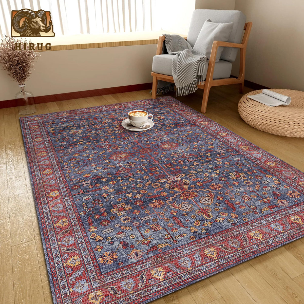 Washable Area Rug 3' x 5 ' Vintage Traditional Persian Mat (Indigo and Crimson / 3' x 5' (Rectangular))