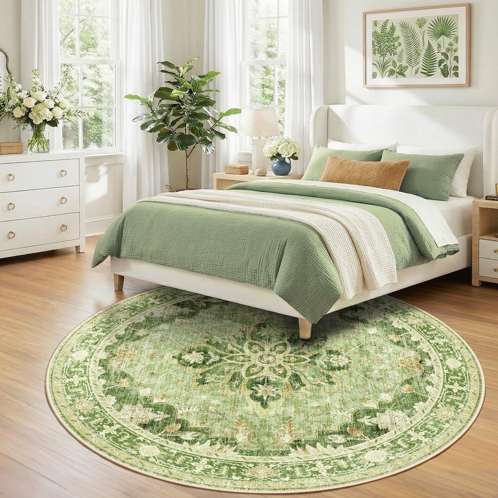 Washable Area Rug (Green/Yellow / 8' (Round))