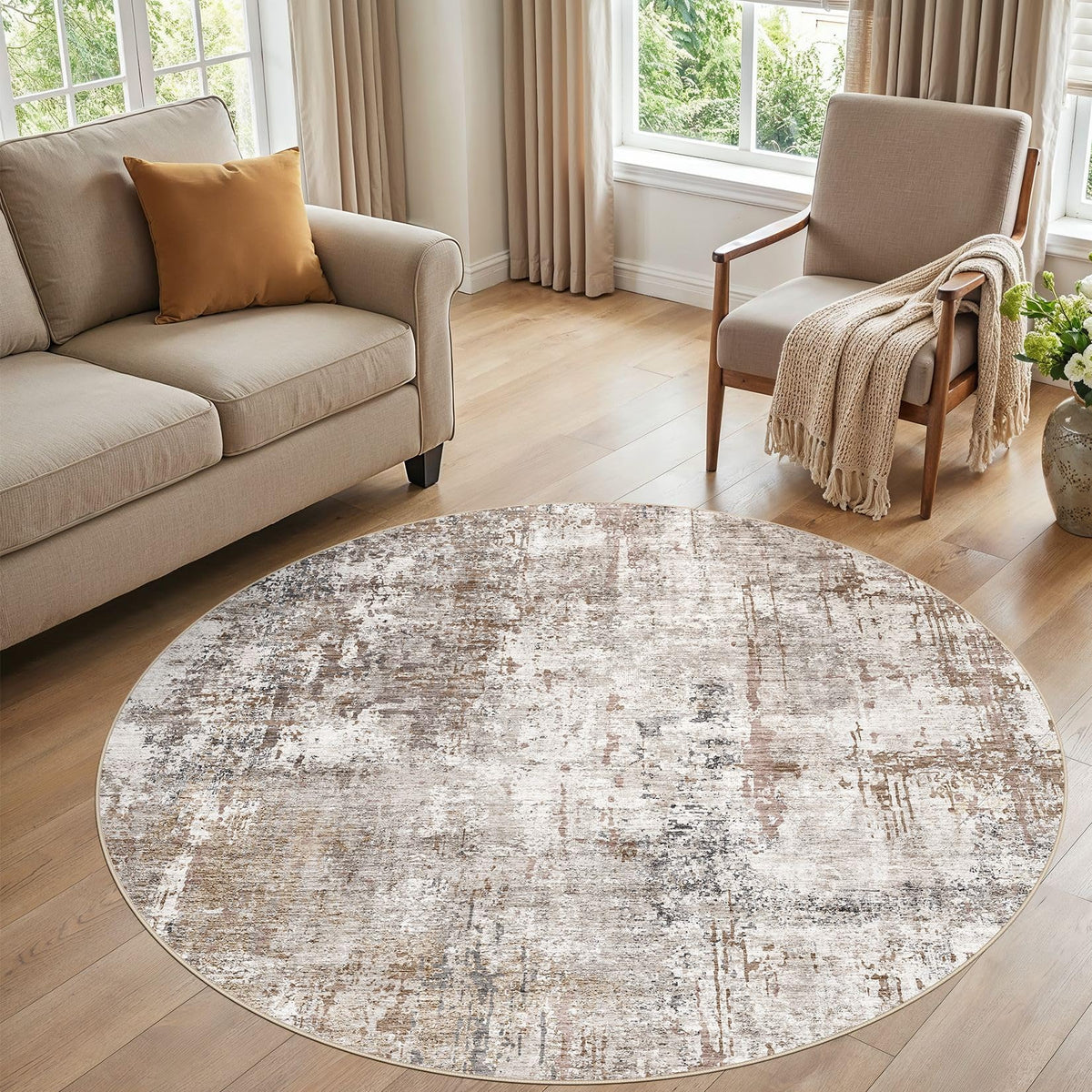 6ft Round Area Rug Living Room Rugs (Brown/Grey/Red / 6' (Round))