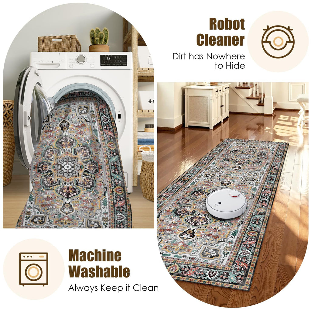 Washable Area Rug 2'6'' x 8' Vintage Traditional Persian Mat (Slate and Multicolor / 2'6" x 8' (Rectangular))