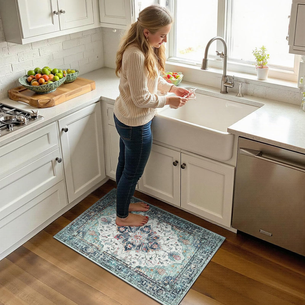 Washable Area Rug (Teal Green/White/Navy / 2' x 3' (Rectangular))