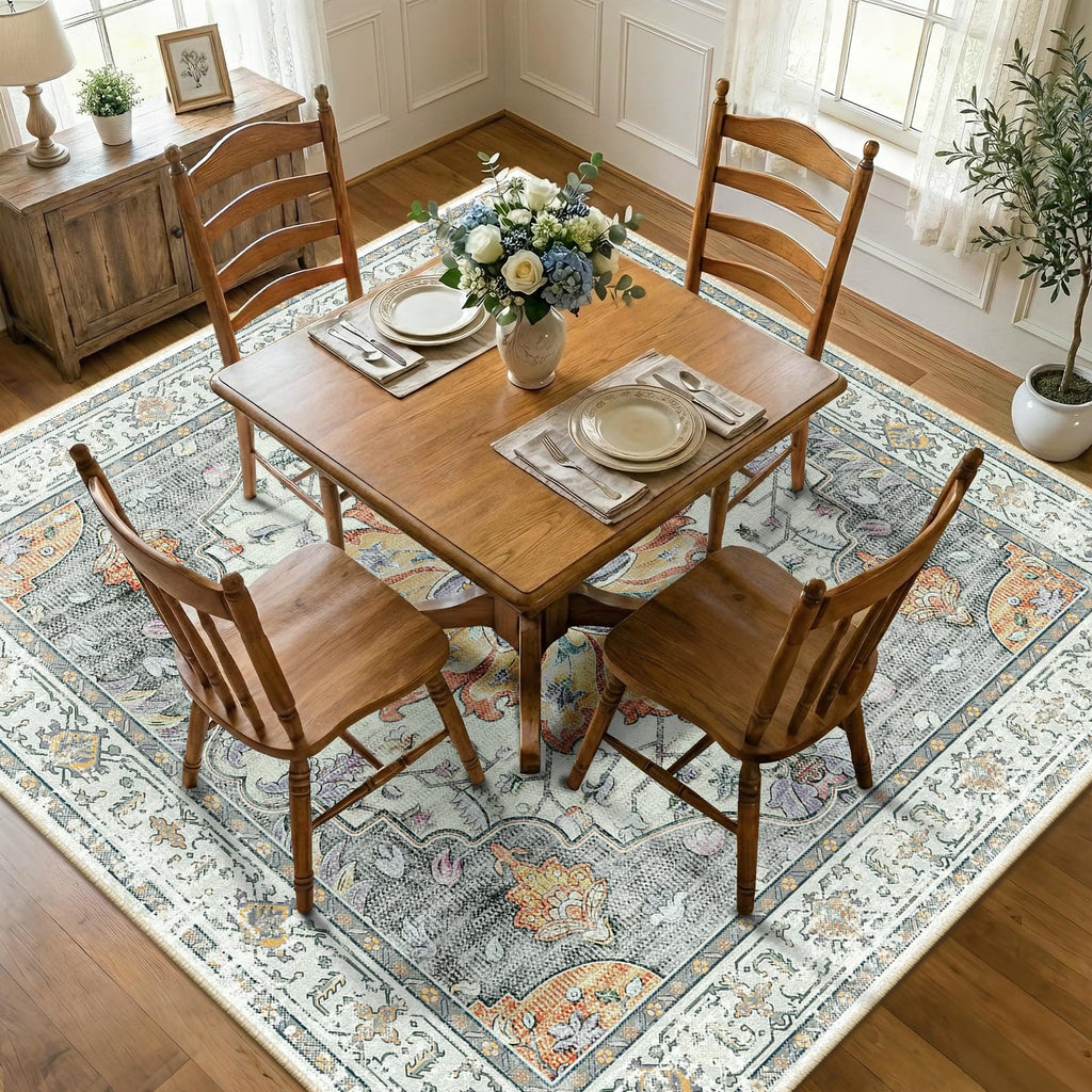 Washable Area Rug (Beige/Carbon Grey/Orange / 8' x 8' (Square))