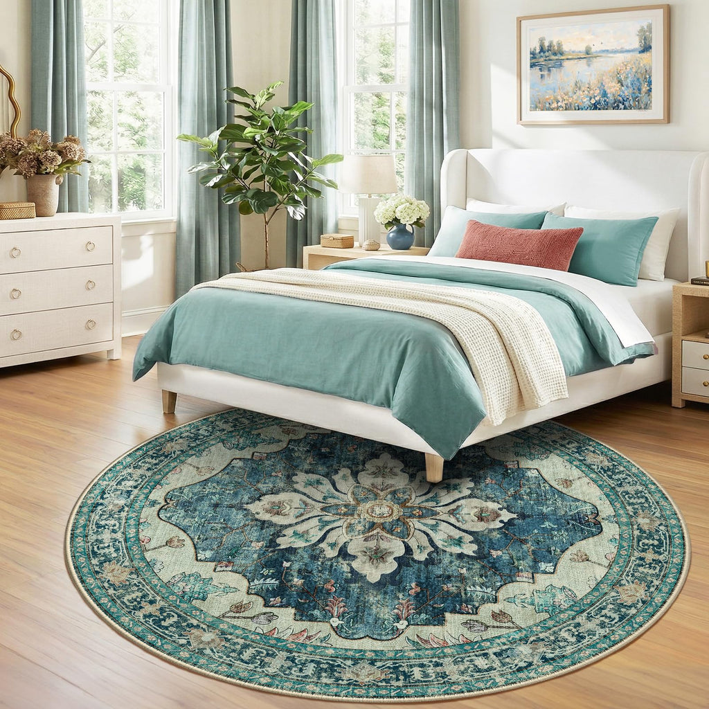 Washable Area Rug (Blue/Vintage Dark Blue / 8' (Round))
