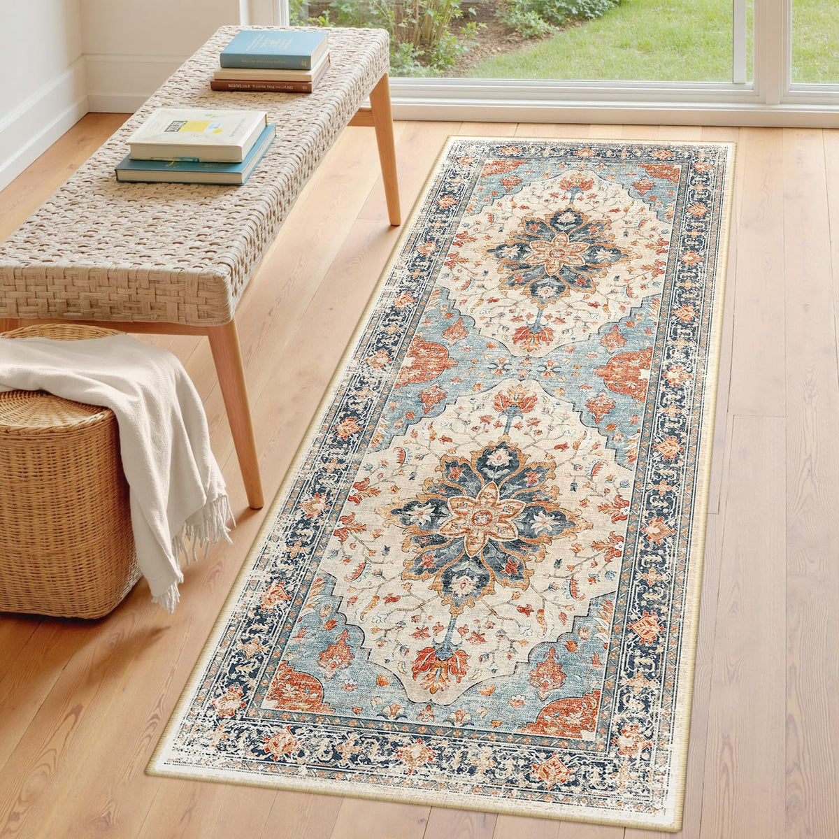 Washable Area Rug (Beige/Blue/Orange / 3' x 7' (Rectangular))